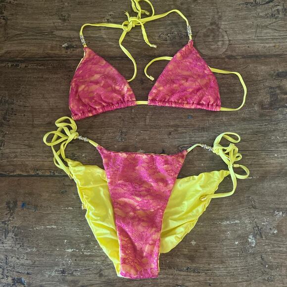 Rare vintage y2k Pink Lace made in USA Beach Bunny Bikini  XL - Picture 2 of 8